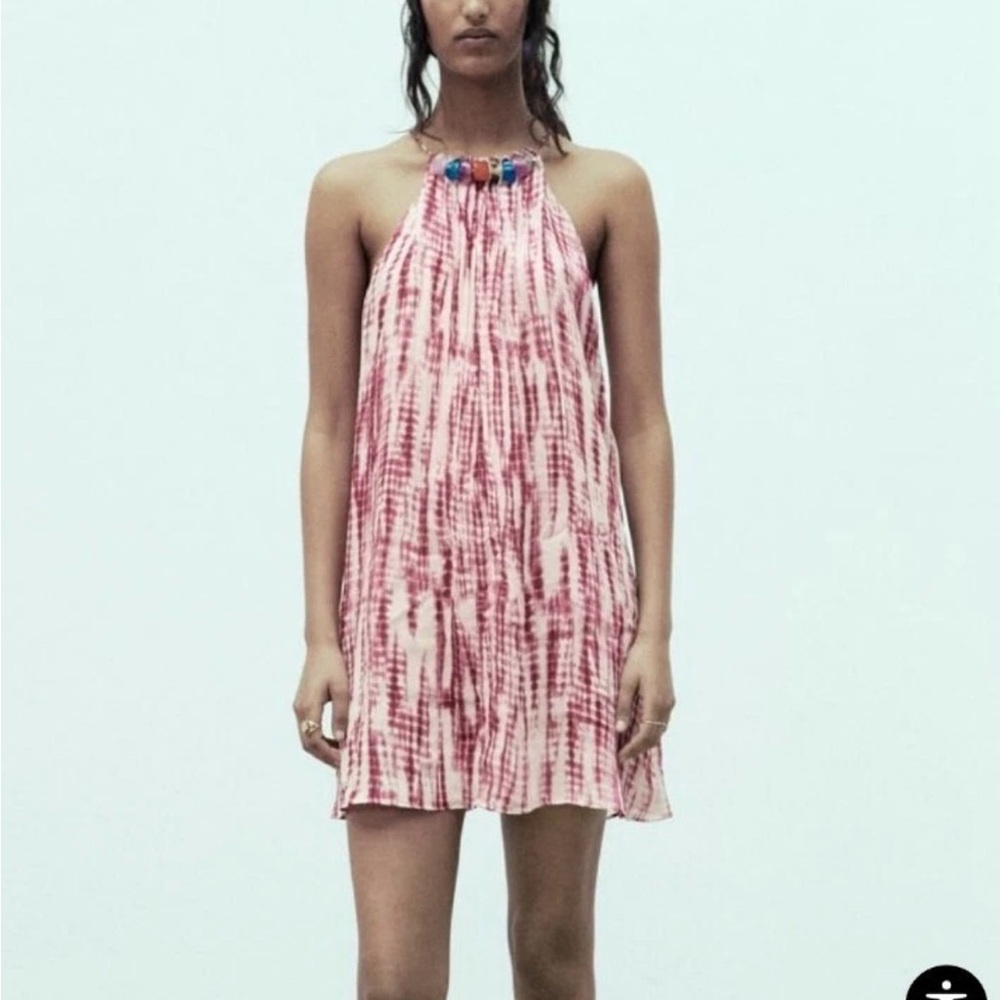 Zara Red Tie-Dye Stone Halter Mini Dress